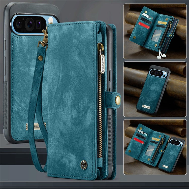 CASEME 008 Series for Google Pixel 9 Pro XL Case Leather Phone Cover Zipper Pocket Wallet - Blue