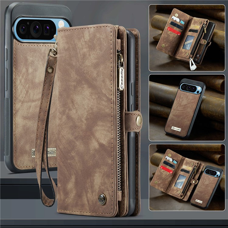 CASEME 008 Series for Google Pixel 9 Pro XL Case Leather Phone Cover Zipper Pocket Wallet - Brown