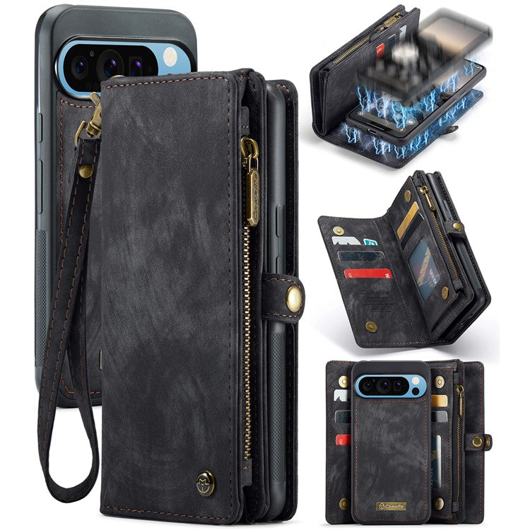 CASEME 008 Series for Google Pixel 9 Pro XL Case Leather Phone Cover Zipper Pocket Wallet - Black