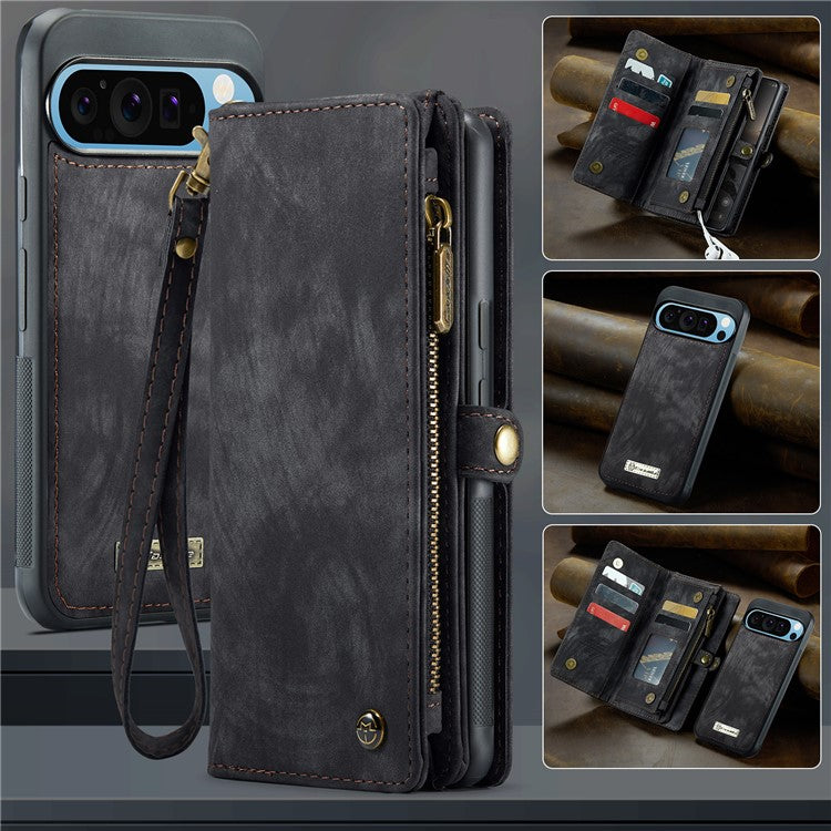 CASEME 008 Series for Google Pixel 9 Pro XL Case Leather Phone Cover Zipper Pocket Wallet - Black