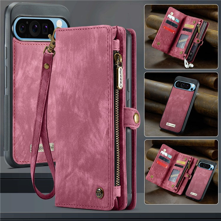 CASEME 008 Series for Google Pixel 9 Pro XL Case Leather Phone Cover Zipper Pocket Wallet - Red