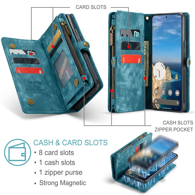 CASEME 008 Series for Google Pixel 9 / Pixel 9 Pro Case Leather Phone Cover Zipper Pocket Wallet - Blue