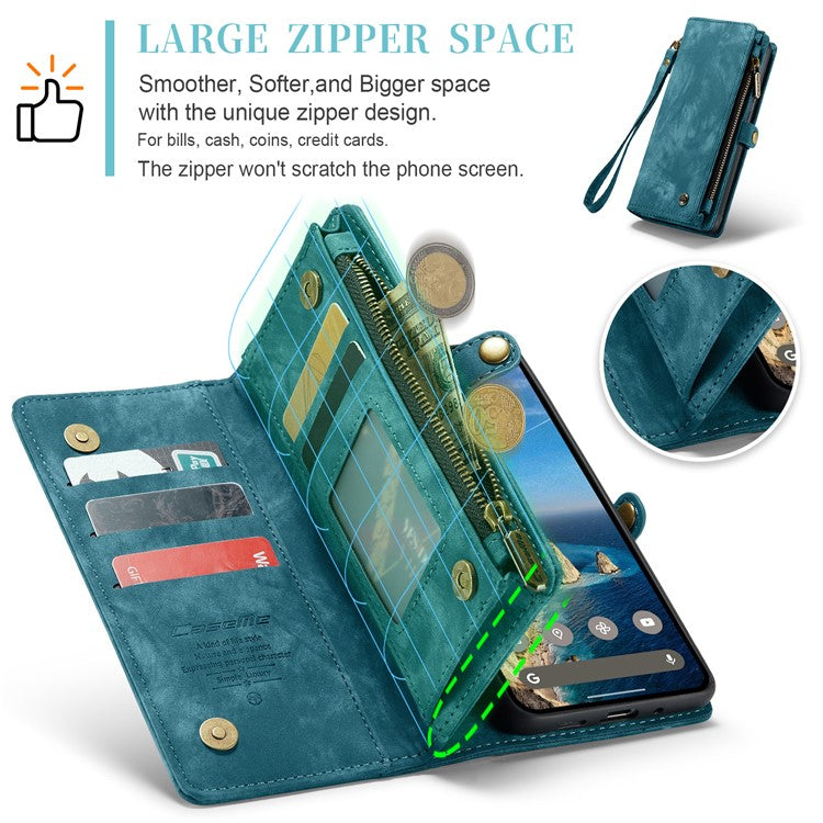 CASEME 008 Series for Google Pixel 9 / Pixel 9 Pro Case Leather Phone Cover Zipper Pocket Wallet - Blue