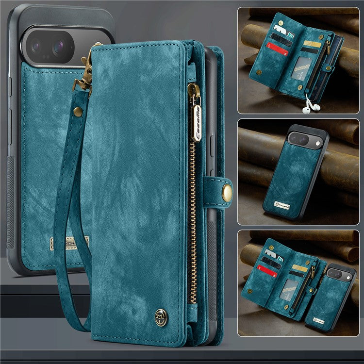CASEME 008 Series for Google Pixel 9 / Pixel 9 Pro Case Leather Phone Cover Zipper Pocket Wallet - Blue