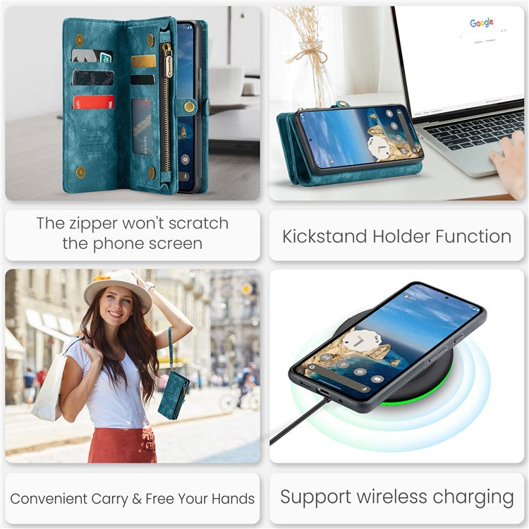 CASEME 008 Series for Google Pixel 9 / Pixel 9 Pro Case Leather Phone Cover Zipper Pocket Wallet - Blue