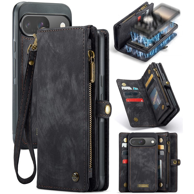 CASEME 008 Series for Google Pixel 9 / Pixel 9 Pro Case Leather Phone Cover Zipper Pocket Wallet - Black
