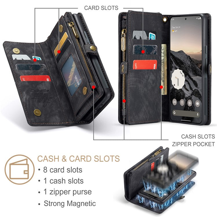 CASEME 008 Series for Google Pixel 9 / Pixel 9 Pro Case Leather Phone Cover Zipper Pocket Wallet - Black