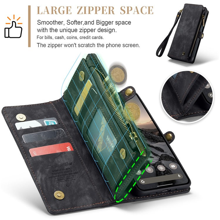 CASEME 008 Series for Google Pixel 9 / Pixel 9 Pro Case Leather Phone Cover Zipper Pocket Wallet - Black