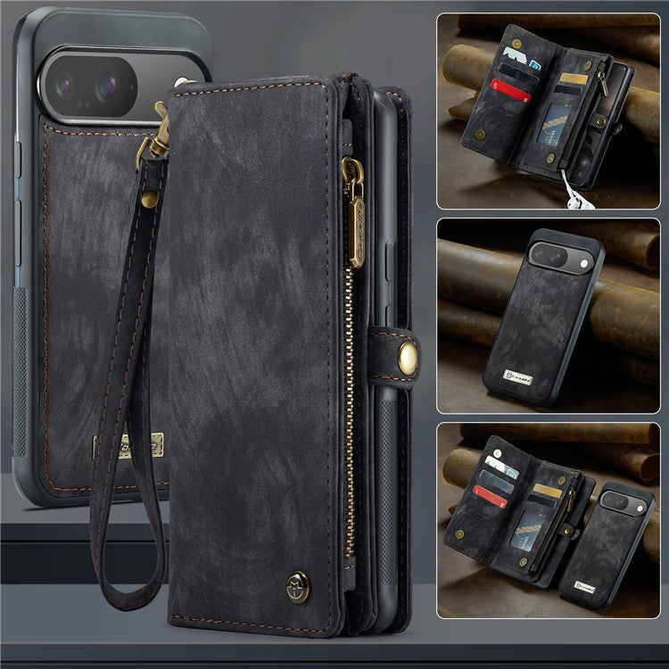 CASEME 008 Series for Google Pixel 9 / Pixel 9 Pro Case Leather Phone Cover Zipper Pocket Wallet - Black