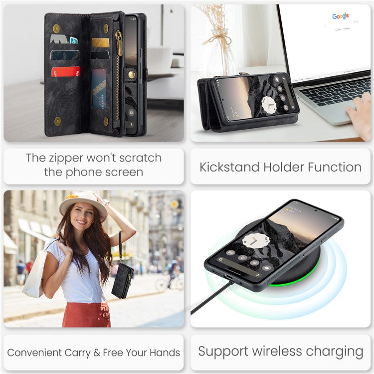 CASEME 008 Series for Google Pixel 9 / Pixel 9 Pro Case Leather Phone Cover Zipper Pocket Wallet - Black