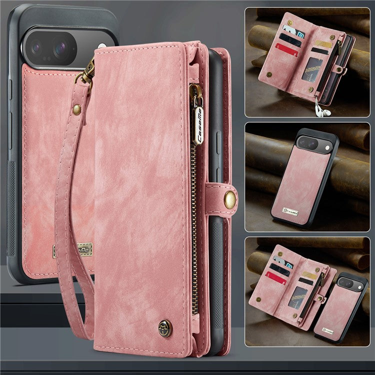 CASEME 008 Series for Google Pixel 9 / Pixel 9 Pro Case Leather Phone Cover Zipper Pocket Wallet - Pink