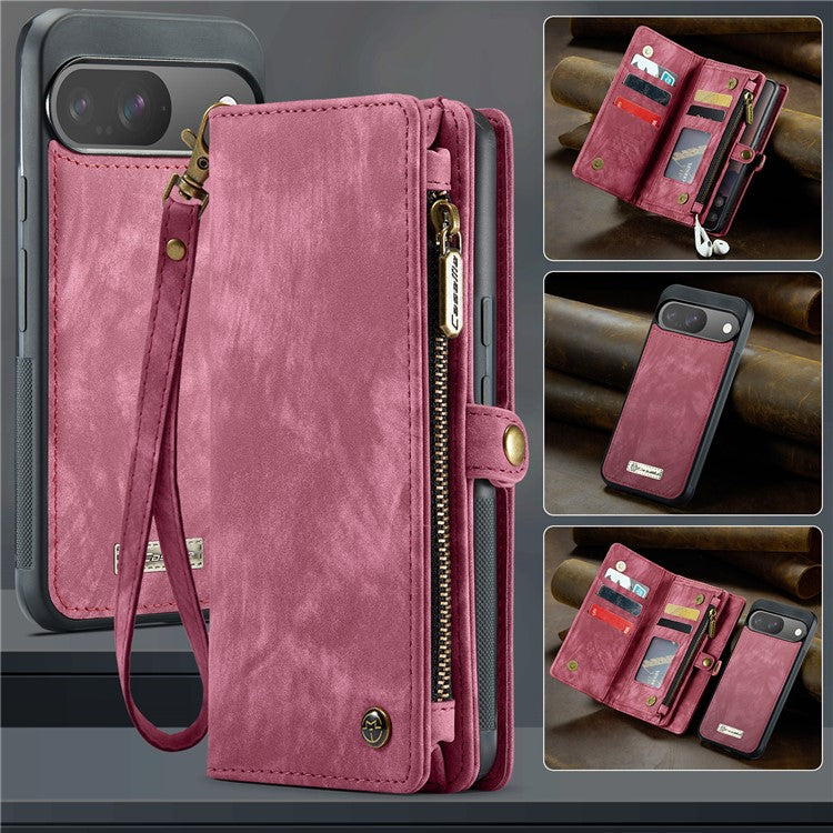 CASEME 008 Series for Google Pixel 9 / Pixel 9 Pro Case Leather Phone Cover Zipper Pocket Wallet - Red
