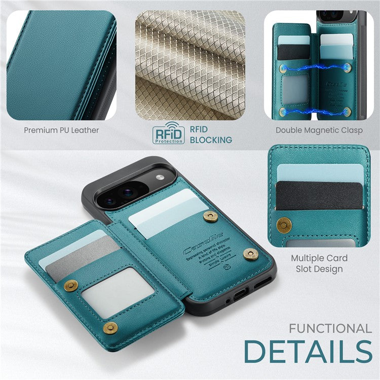 CASEME C22 Series For Google Pixel 9 / Pixel 9 Pro Case Leather+TPU Cover RFID Blocking Card Slots - Green