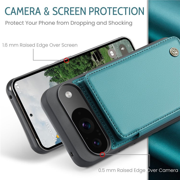 CASEME C22 Series For Google Pixel 9 / Pixel 9 Pro Case Leather+TPU Cover RFID Blocking Card Slots - Green