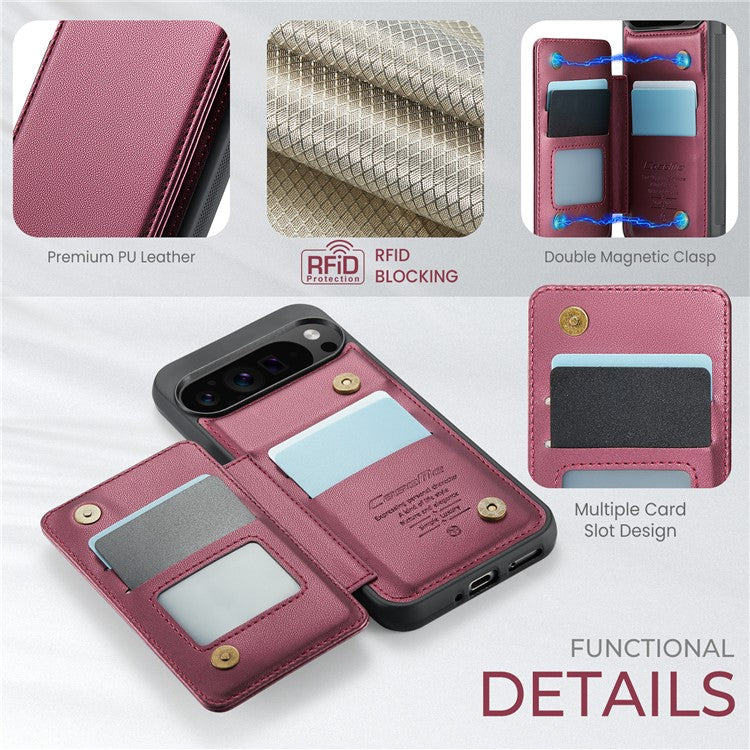 CASEME C22 Series For Google Pixel 9 Pro XL Case Leather+TPU Cover RFID Blocking Card Slots - Red