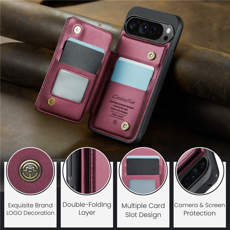 CASEME C22 Series For Google Pixel 9 Pro XL Case Leather+TPU Cover RFID Blocking Card Slots - Red