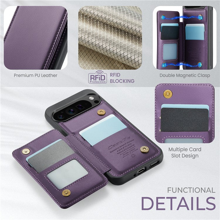 CASEME C22 Series For Google Pixel 9 Pro XL Case Leather+TPU Cover RFID Blocking Card Slots - Purple