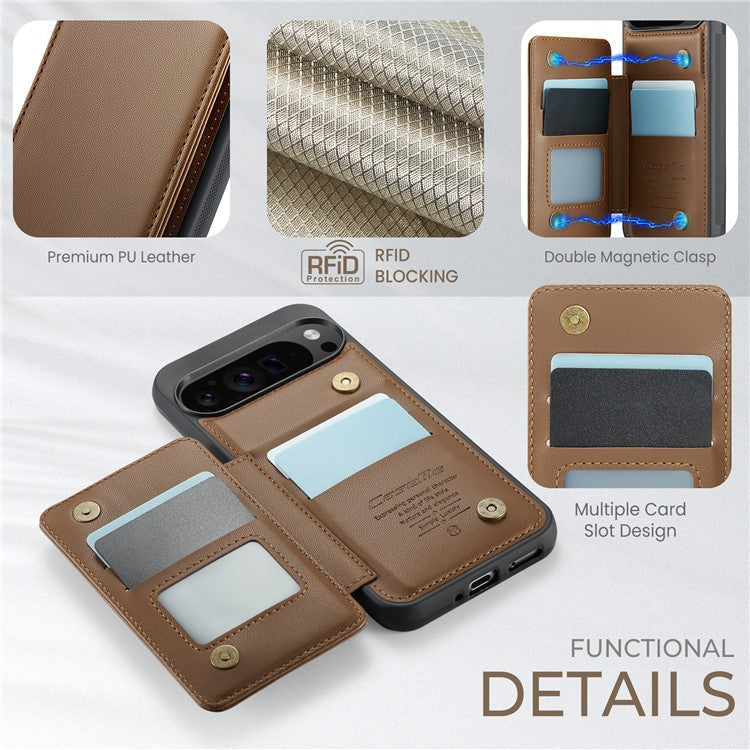 CASEME C22 Series For Google Pixel 9 Pro XL Case Leather+TPU Cover RFID Blocking Card Slots - Brown