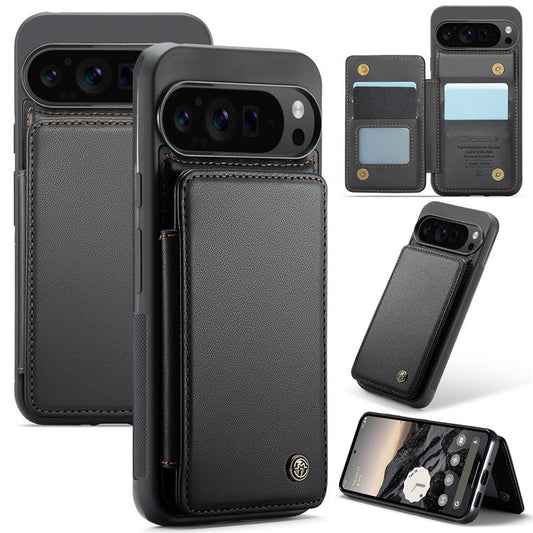 CASEME C22 Series For Google Pixel 9 Pro XL Case Leather+TPU Cover RFID Blocking Card Slots - Black