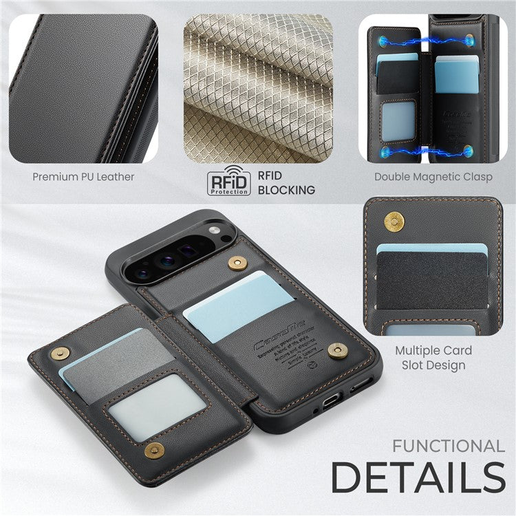 CASEME C22 Series For Google Pixel 9 Pro XL Case Leather+TPU Cover RFID Blocking Card Slots - Black