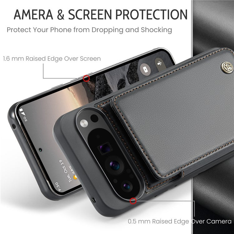 CASEME C22 Series For Google Pixel 9 Pro XL Case Leather+TPU Cover RFID Blocking Card Slots - Black