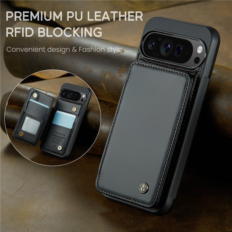 CASEME C22 Series For Google Pixel 9 Pro XL Case Leather+TPU Cover RFID Blocking Card Slots - Black