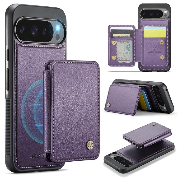 JEEHOOD J05 For Google Pixel 9 Pro XL Case Card Holder Kickstand Leather+TPU Phone Cover - Purple