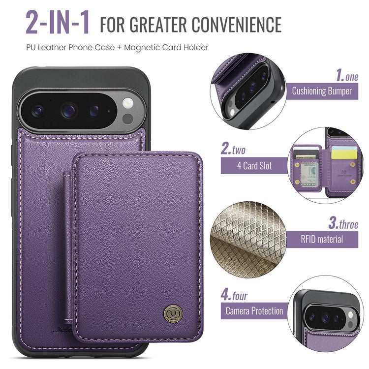 JEEHOOD J05 For Google Pixel 9 Pro XL Case Card Holder Kickstand Leather+TPU Phone Cover - Purple