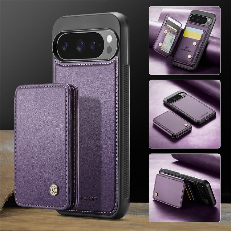 JEEHOOD J05 For Google Pixel 9 Pro XL Case Card Holder Kickstand Leather+TPU Phone Cover - Purple