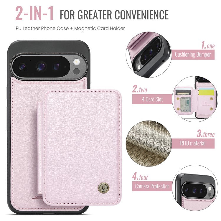 JEEHOOD J05 For Google Pixel 9 Pro XL Case Card Holder Kickstand Leather+TPU Phone Cover - Pink