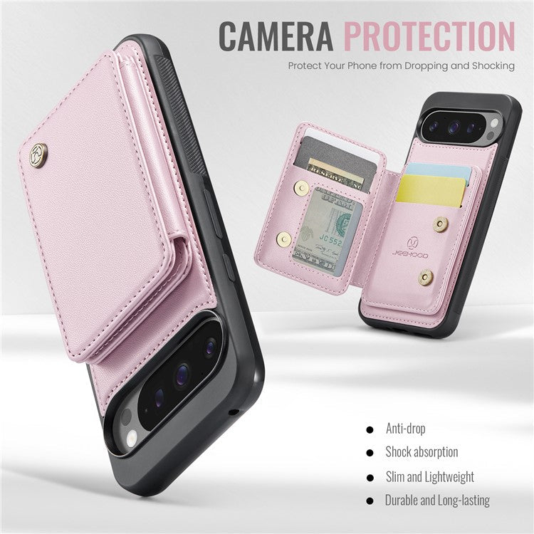 JEEHOOD J05 For Google Pixel 9 Pro XL Case Card Holder Kickstand Leather+TPU Phone Cover - Pink