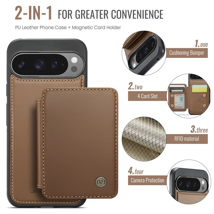 JEEHOOD J05 For Google Pixel 9 Pro XL Case Card Holder Kickstand Leather+TPU Phone Cover - Brown