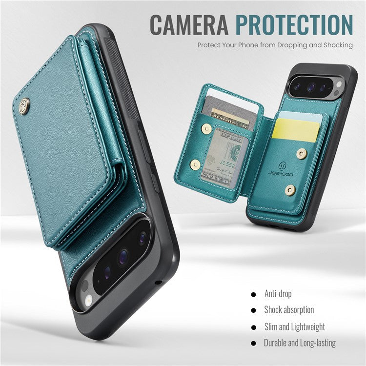 JEEHOOD J05 For Google Pixel 9 Pro XL Case Card Holder Kickstand Leather+TPU Phone Cover - Cyan