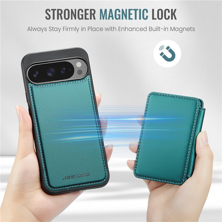 JEEHOOD J05 For Google Pixel 9 Pro XL Case Card Holder Kickstand Leather+TPU Phone Cover - Cyan