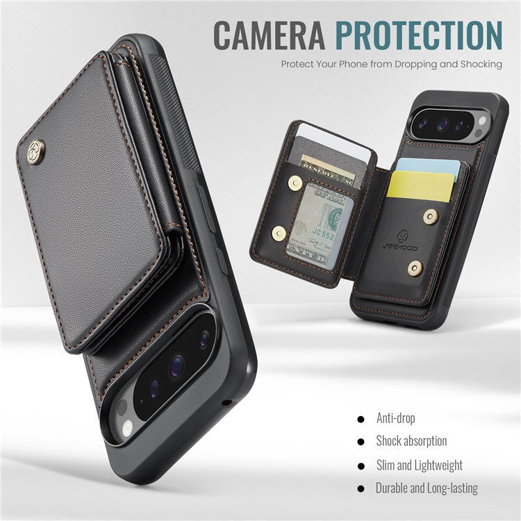 JEEHOOD J05 For Google Pixel 9 Pro XL Case Card Holder Kickstand Leather+TPU Phone Cover - Black