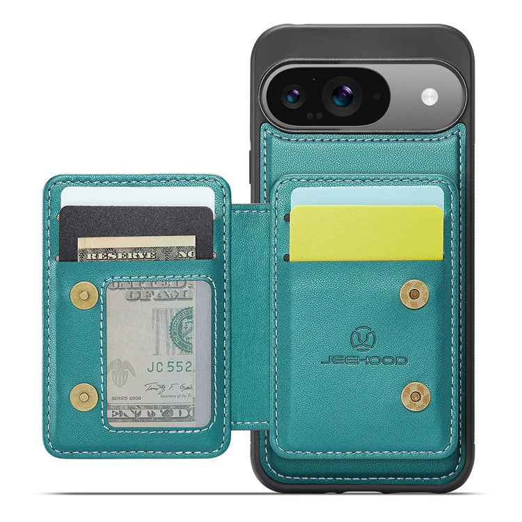 JEEHOOD J05 For Google Pixel 9 / Pixel 9 Pro Case Card Holder Kickstand Leather+TPU Phone Cover - Cyan