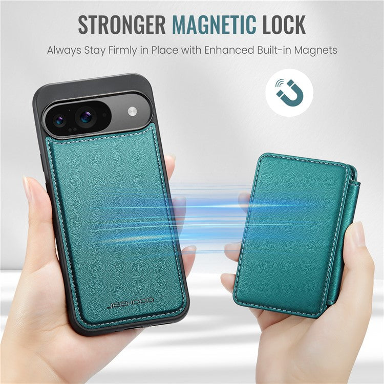 JEEHOOD J05 For Google Pixel 9 / Pixel 9 Pro Case Card Holder Kickstand Leather+TPU Phone Cover - Cyan
