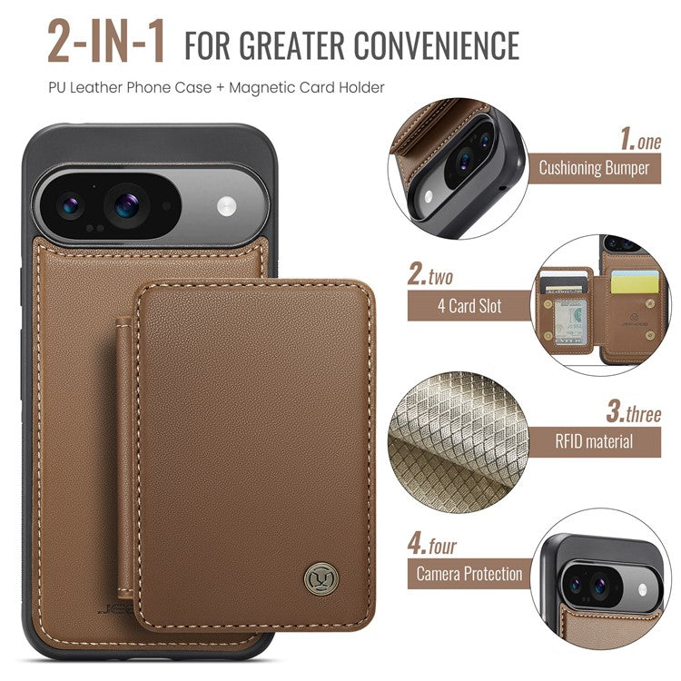 JEEHOOD J05 For Google Pixel 9 / Pixel 9 Pro Case Card Holder Kickstand Leather+TPU Phone Cover - Brown