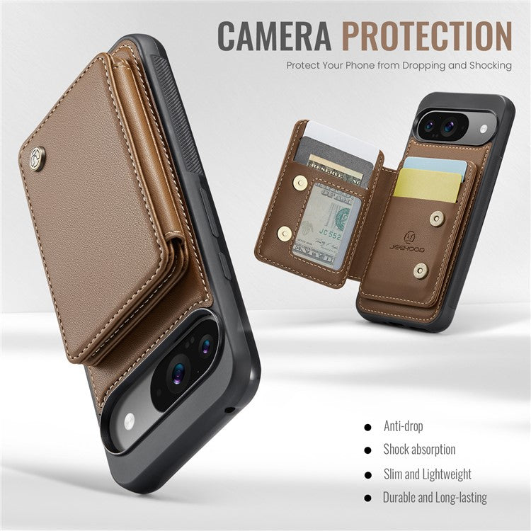 JEEHOOD J05 For Google Pixel 9 / Pixel 9 Pro Case Card Holder Kickstand Leather+TPU Phone Cover - Brown