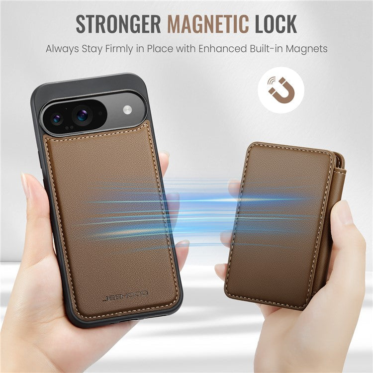JEEHOOD J05 For Google Pixel 9 / Pixel 9 Pro Case Card Holder Kickstand Leather+TPU Phone Cover - Brown