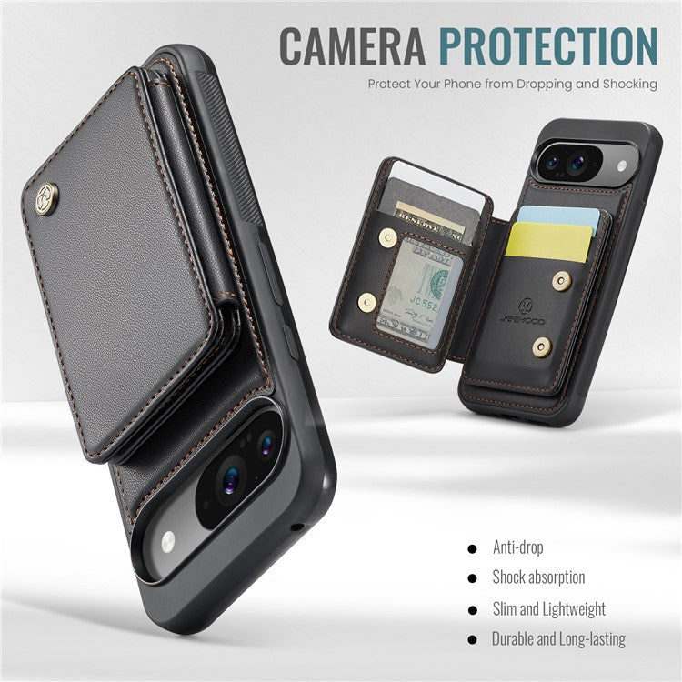 JEEHOOD J05 For Google Pixel 9 / Pixel 9 Pro Case Card Holder Kickstand Leather+TPU Phone Cover - Black