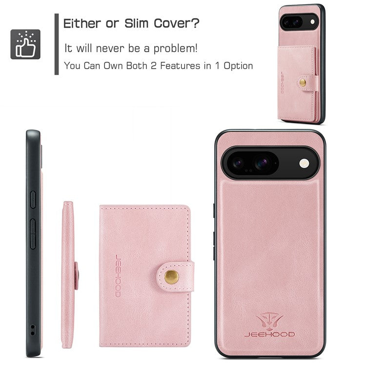 JEEHOOD J01 For Google Pixel 9 / Pixel 9 Pro Case Retro Leather + TPU Phone Cover Detachable Magnetic Card Holder - Pink