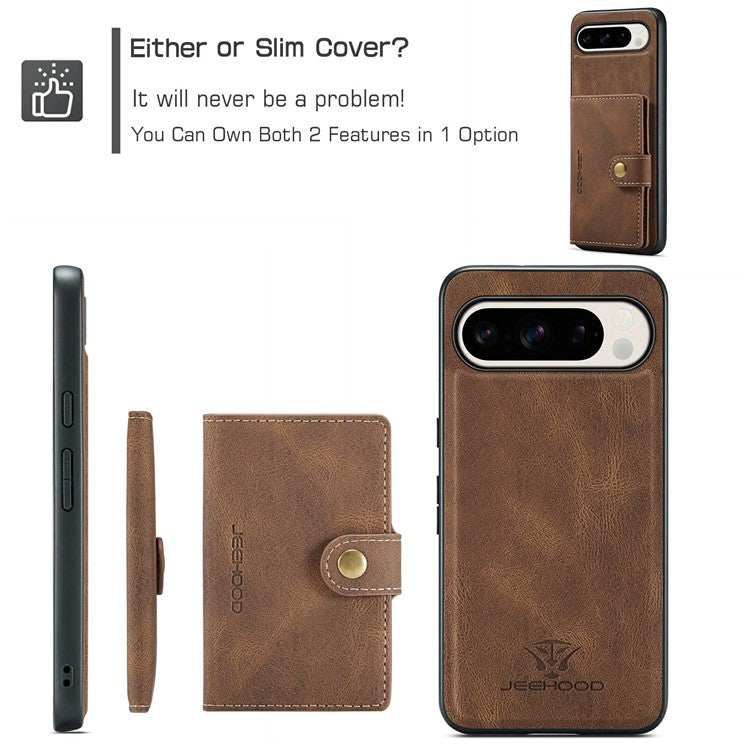 JEEHOOD J01 For Google Pixel 9 Pro XL Case Retro Leather + TPU Phone Cover Detachable Magnetic Card Holder - Brown