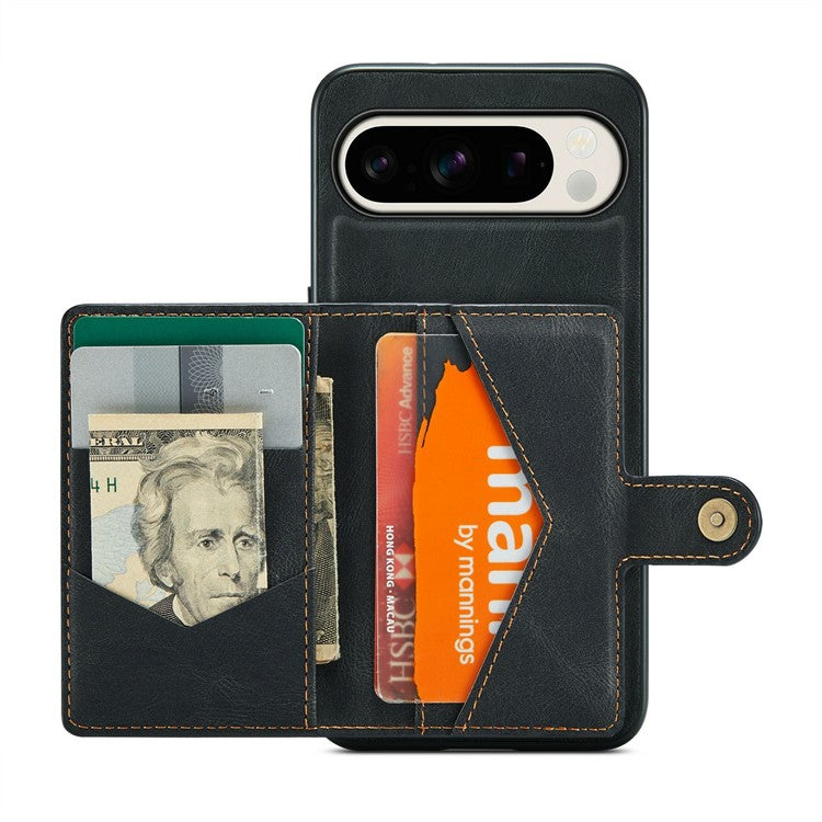 JEEHOOD J01 For Google Pixel 9 Pro XL Case Retro Leather + TPU Phone Cover Detachable Magnetic Card Holder - Black