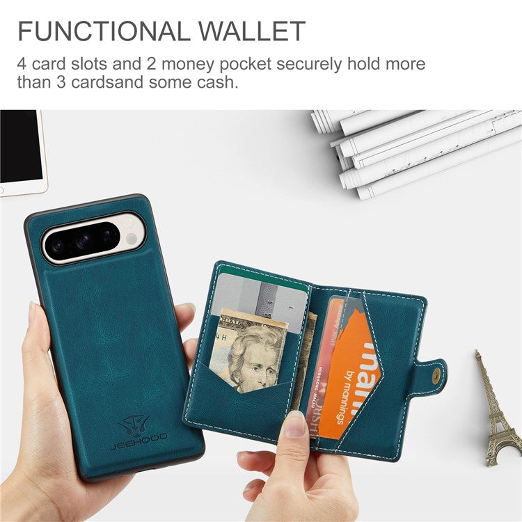 JEEHOOD J01 For Google Pixel 9 Pro XL Case Retro Leather + TPU Phone Cover Detachable Magnetic Card Holder - Blue