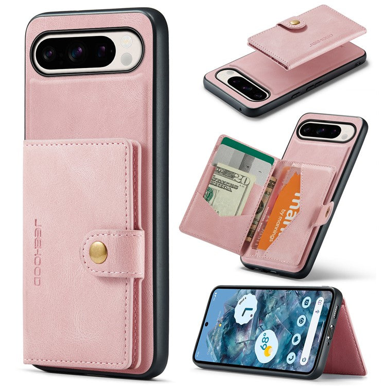 JEEHOOD J01 For Google Pixel 9 Pro XL Case Retro Leather + TPU Phone Cover Detachable Magnetic Card Holder - Pink