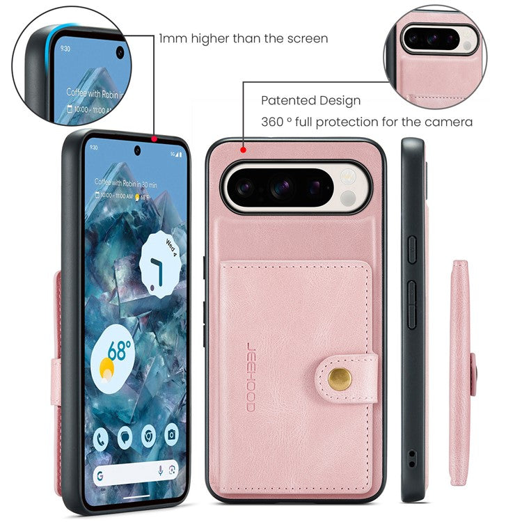 JEEHOOD J01 For Google Pixel 9 Pro XL Case Retro Leather + TPU Phone Cover Detachable Magnetic Card Holder - Pink