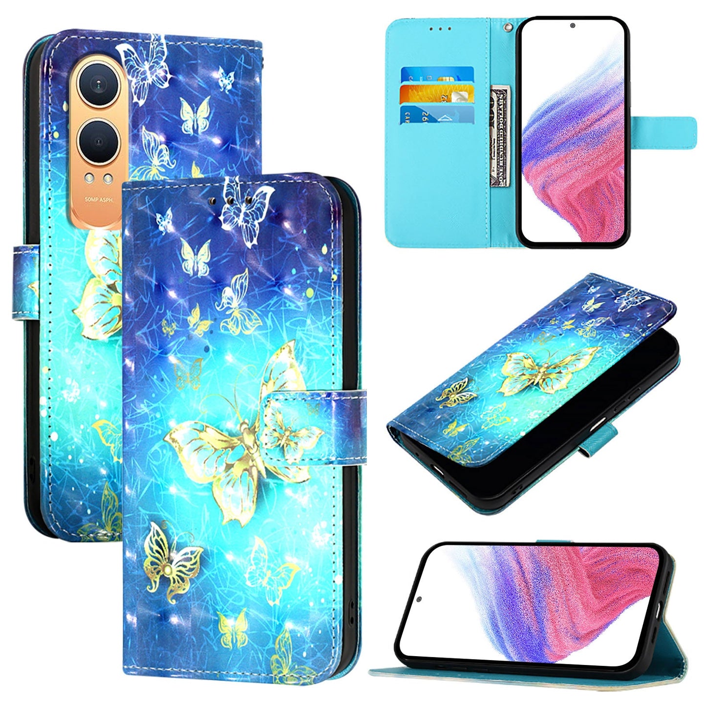 For OnePlus Nord CE4 Lite 5G Leather Case YB Pattern Printing Leather Series-2 Pattern Printing Wallet Stand Cover - Golden Butterflies