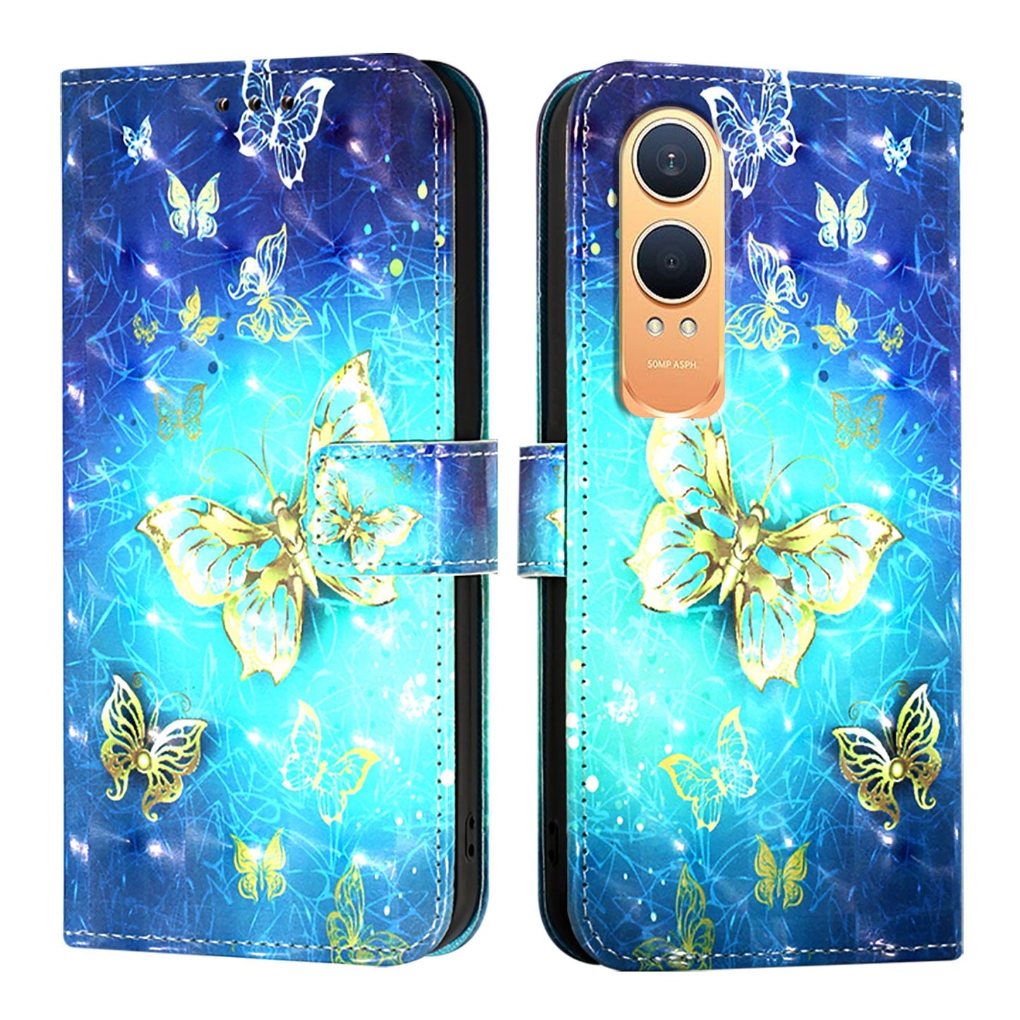 For OnePlus Nord CE4 Lite 5G Leather Case YB Pattern Printing Leather Series-2 Pattern Printing Wallet Stand Cover - Golden Butterflies
