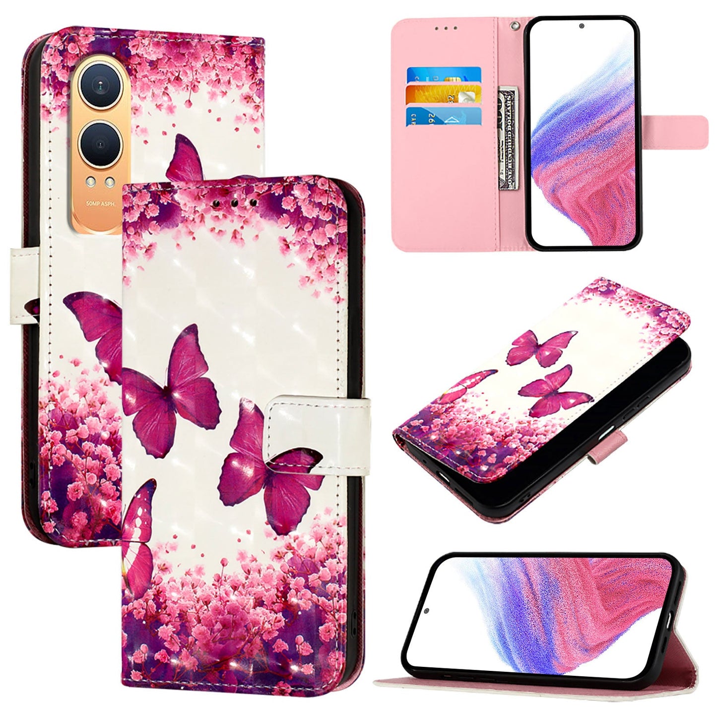 For OnePlus Nord CE4 Lite 5G Leather Case YB Pattern Printing Leather Series-2 Pattern Printing Wallet Stand Cover - Rose Butterflies